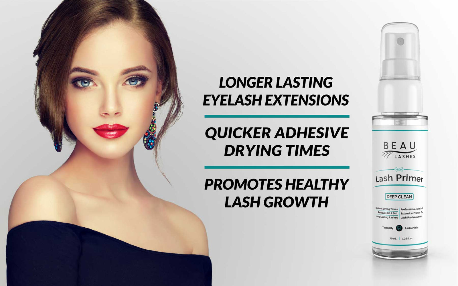 Beau Lashes Eyelash Extension Lash Primer Bottle With Model Longer Lasting Lashes And Healthy Lash Growth