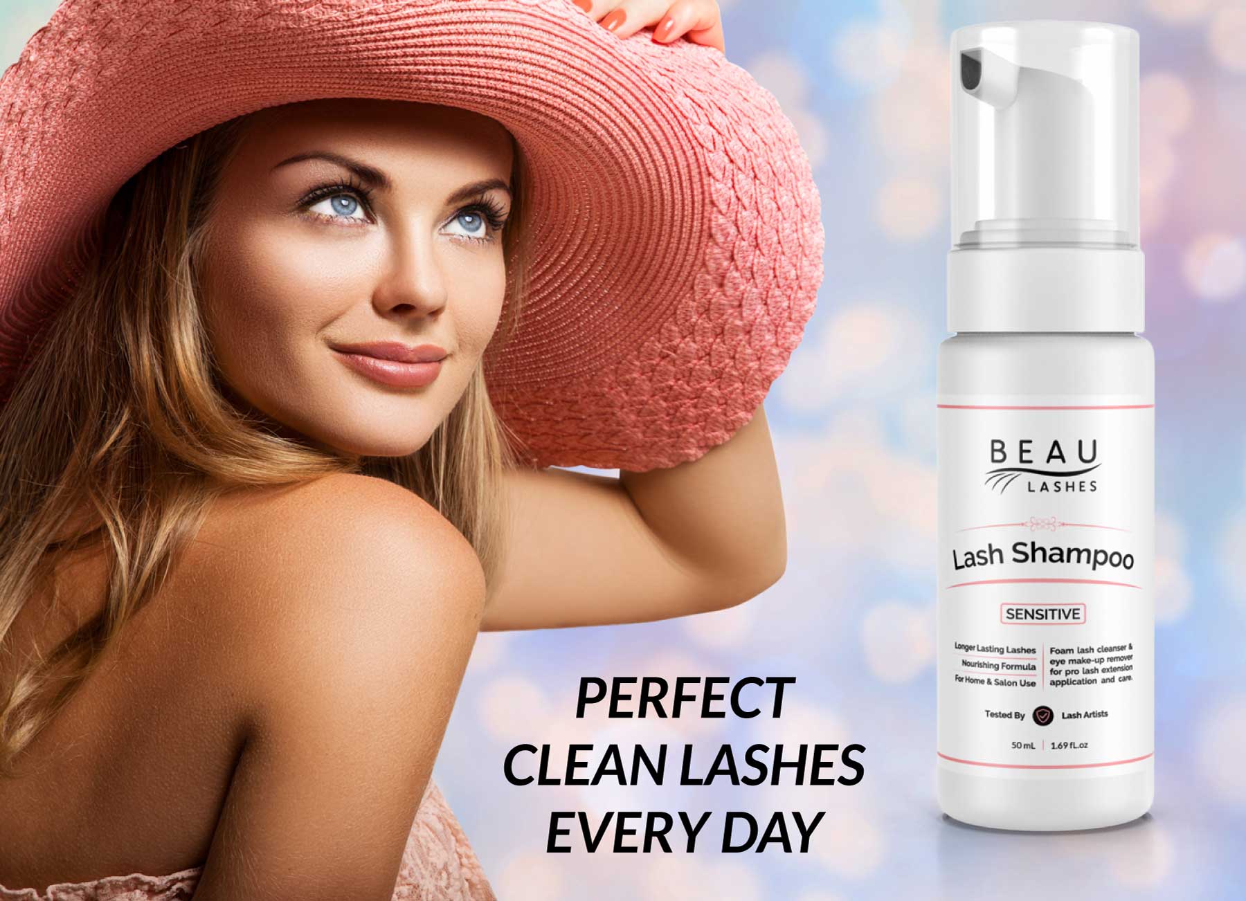Beau Lashes Eyelash Extension Shampoo Wash Cleanser Bottle With Model Perfect Clean Lashes Every Day
